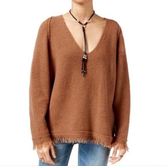 Free People Oversized Wool Sweater Sz.S Tan Camel Fringe Boho Minimalist Cozy - Picture 12 of 12